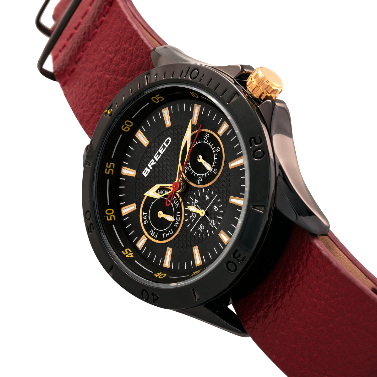 Breed Dixon Leather-Band Watch w/Day/Date - Black/Red - BRD7305