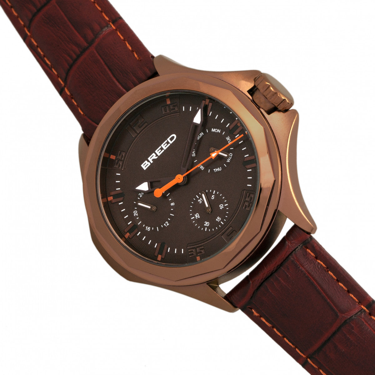 Breed Tempe Leather-Band Watch w/Day/Date - Brown/Bronze - BRD6906