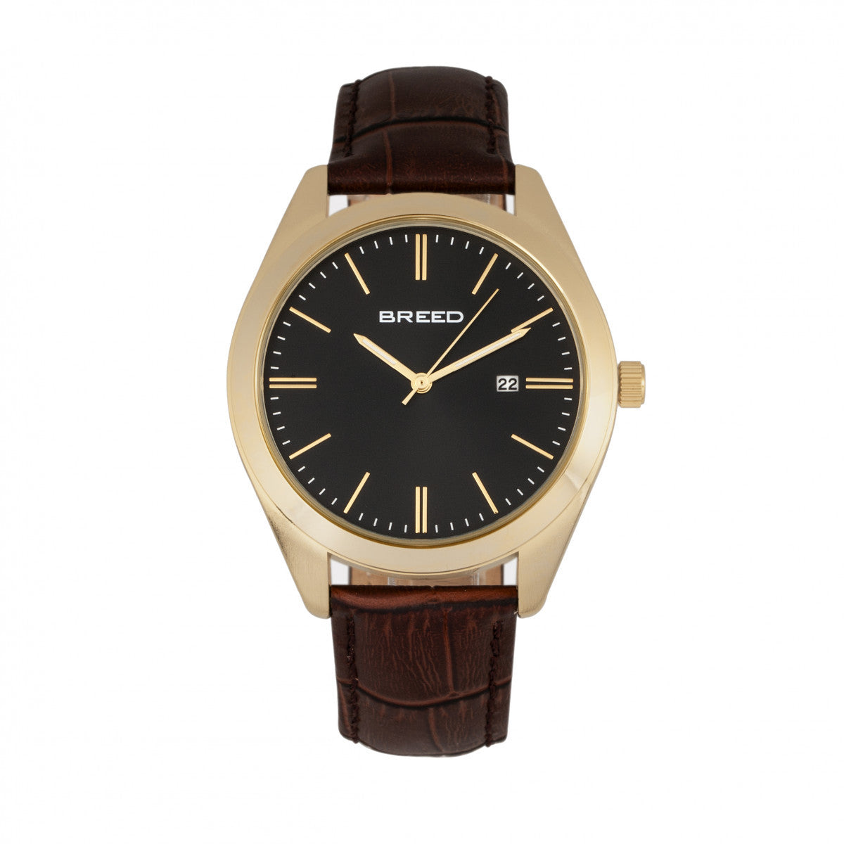 Breed Louis Leather-Band Watch w/Date - Gold/Black - BRD7905