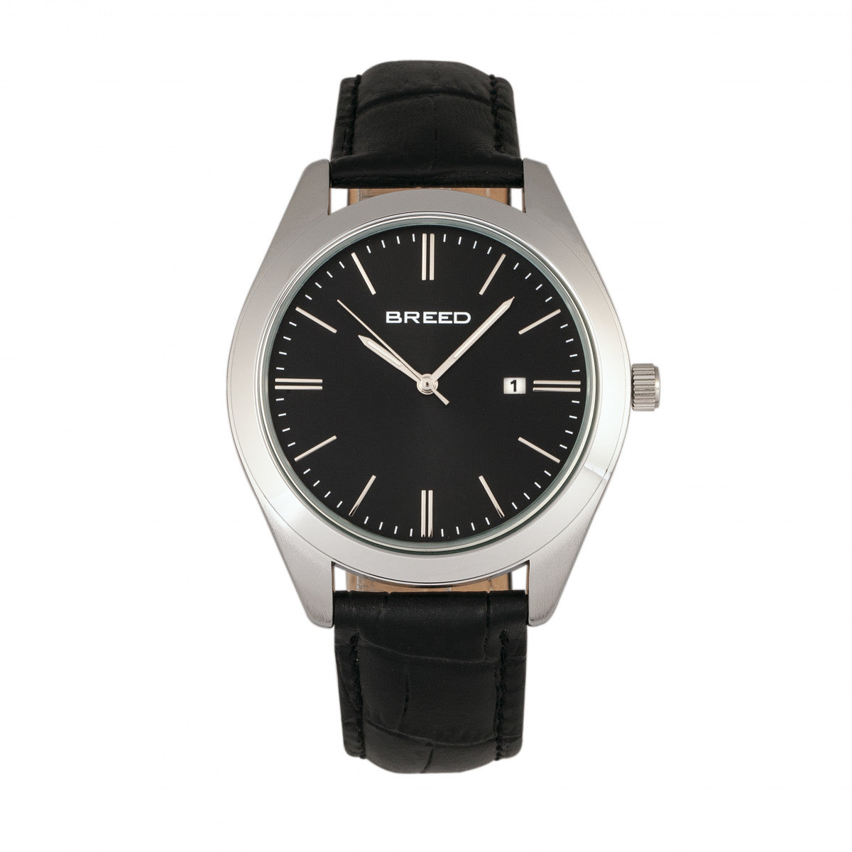 Breed Louis Leather-Band Watch w/Date - Silver/Black - BRD7902