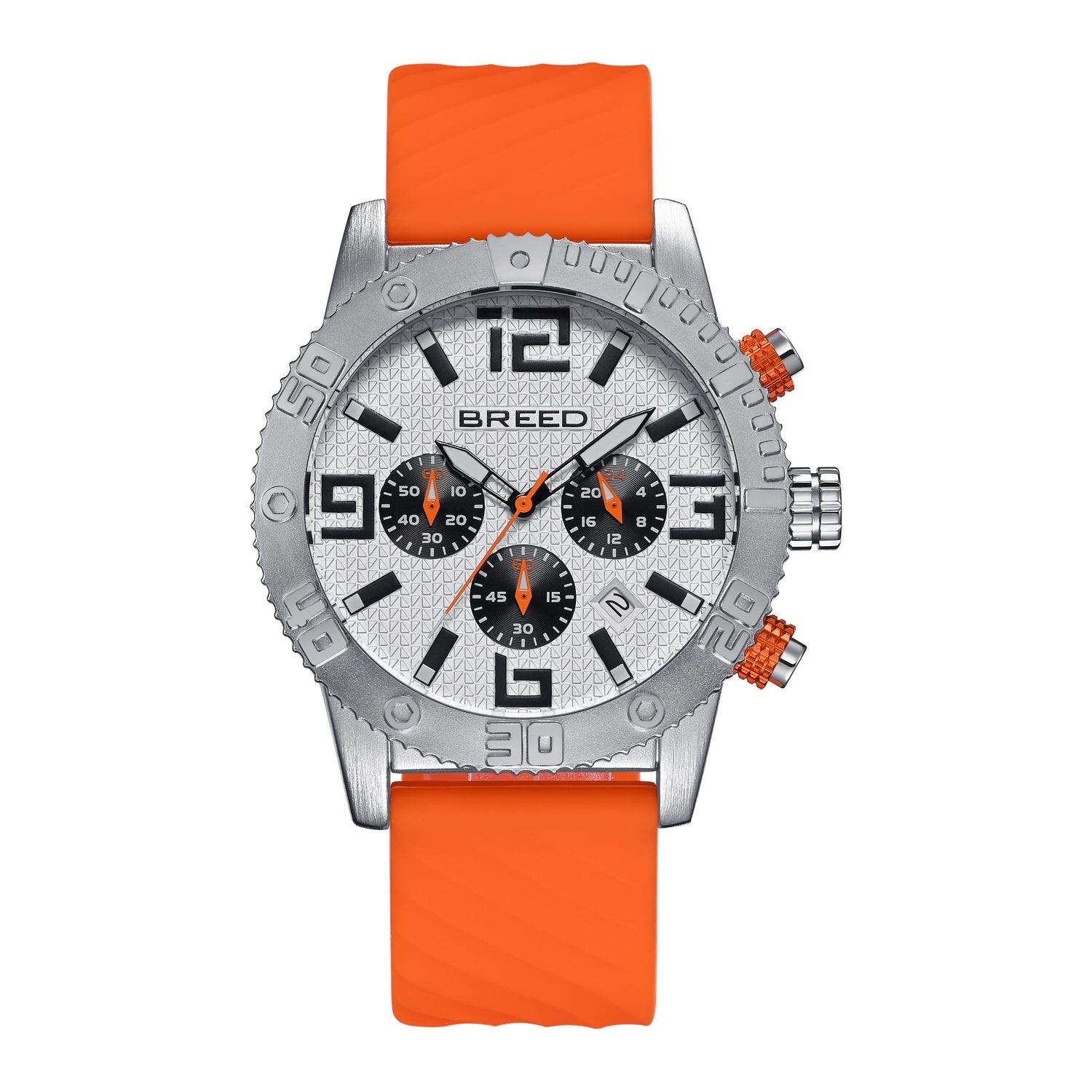 Breed Double Agent Leather-Band Watch w/Day/Date - Silver/White/Orange - BRD9502