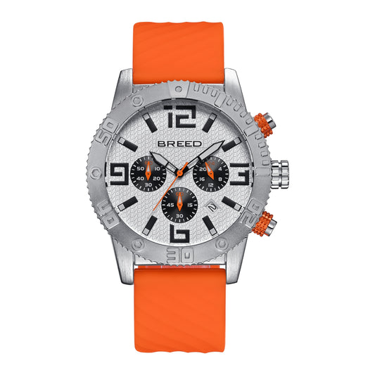 Breed Double Agent Leather-Band Watch w/Day/Date - Silver/White/Orange - BRD9502