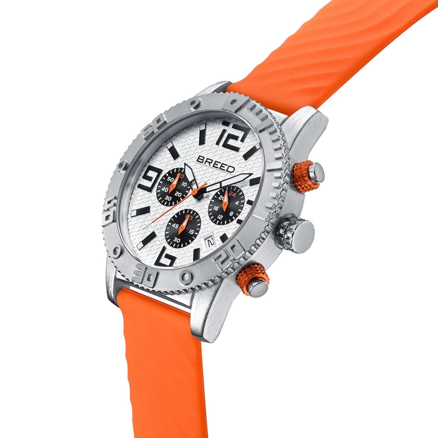 Breed Double Agent Leather-Band Watch w/Day/Date - Silver/White/Orange - BRD9502