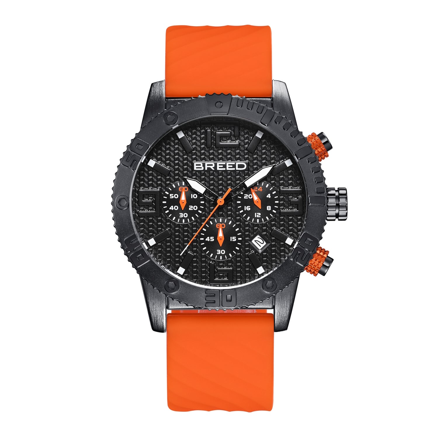 Breed Double Agent Leather-Band Watch w/Day/Date - Black/Black/Orange - BRD9504