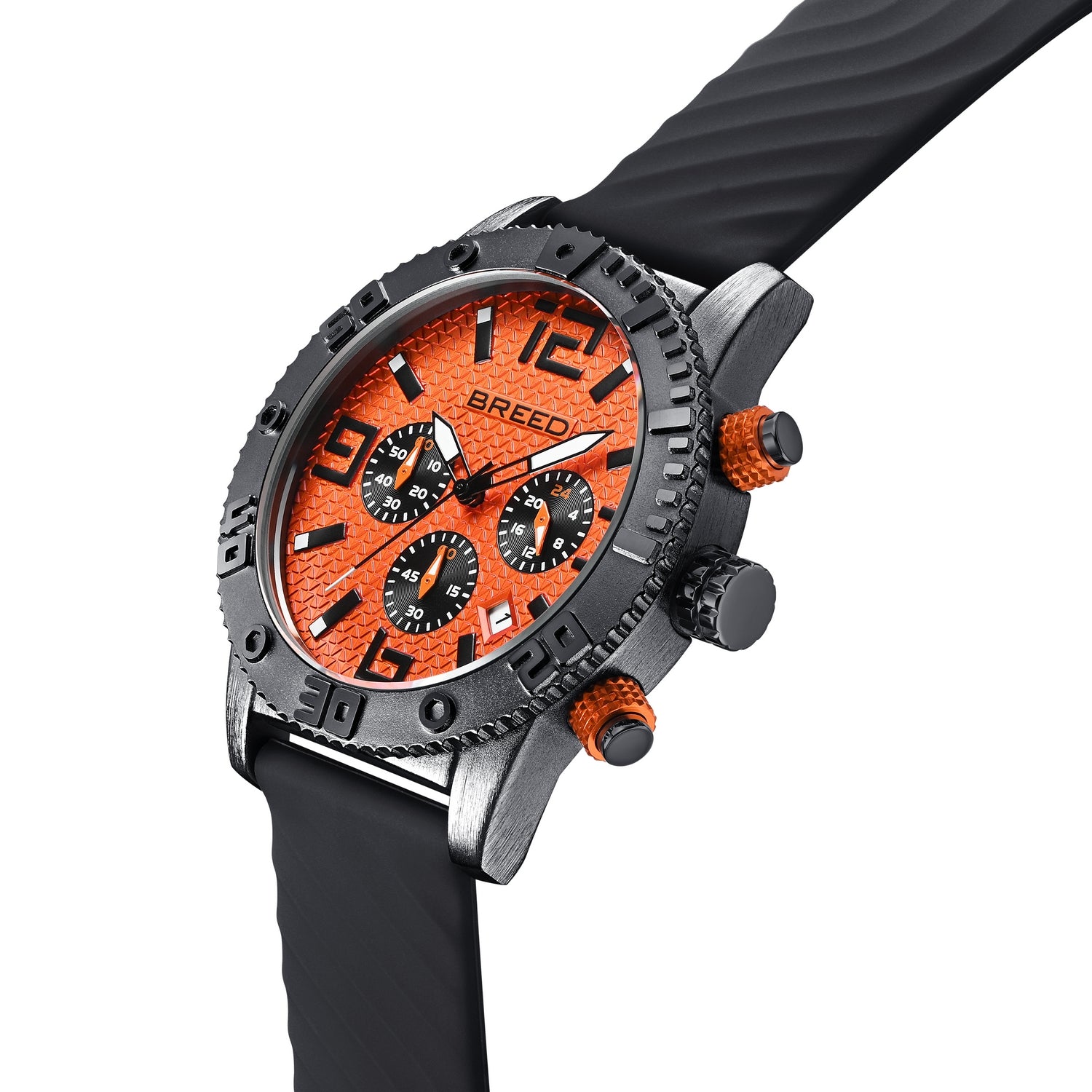 Breed Double Agent Leather-Band Watch w/Day/Date - Black/Orange/Black - BRD9505