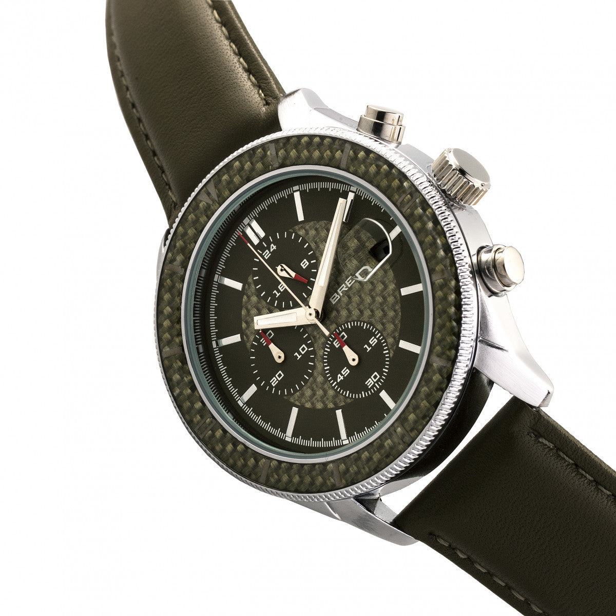 Breed Maverick Chronograph Leather-Band Watch w/Date - Silver/Olive - BRD7505