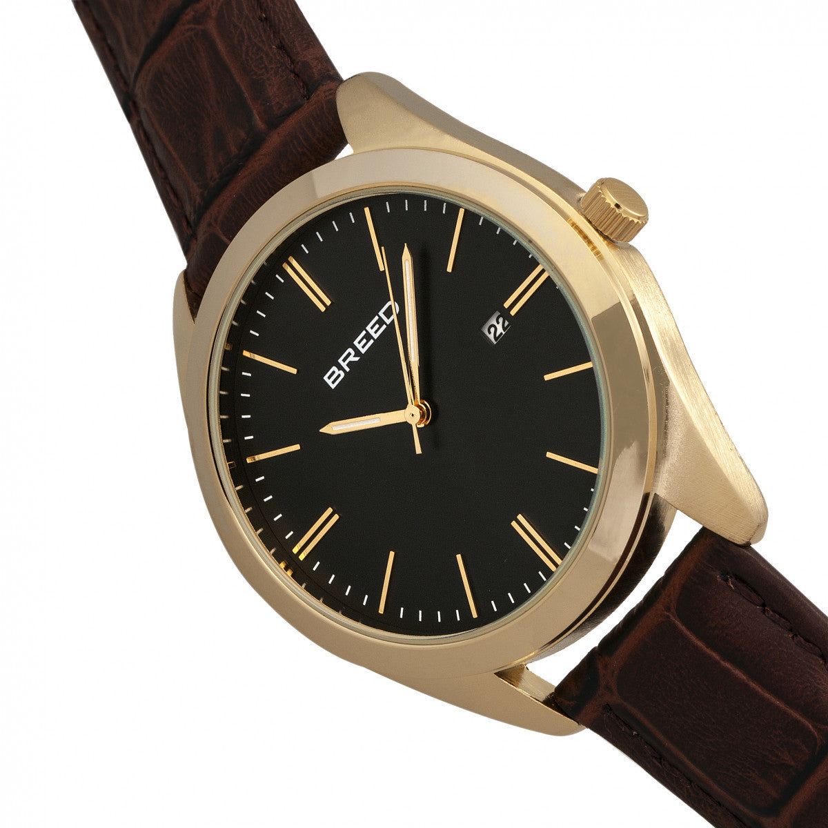 Breed Louis Leather-Band Watch w/Date - Gold/Black - BRD7905