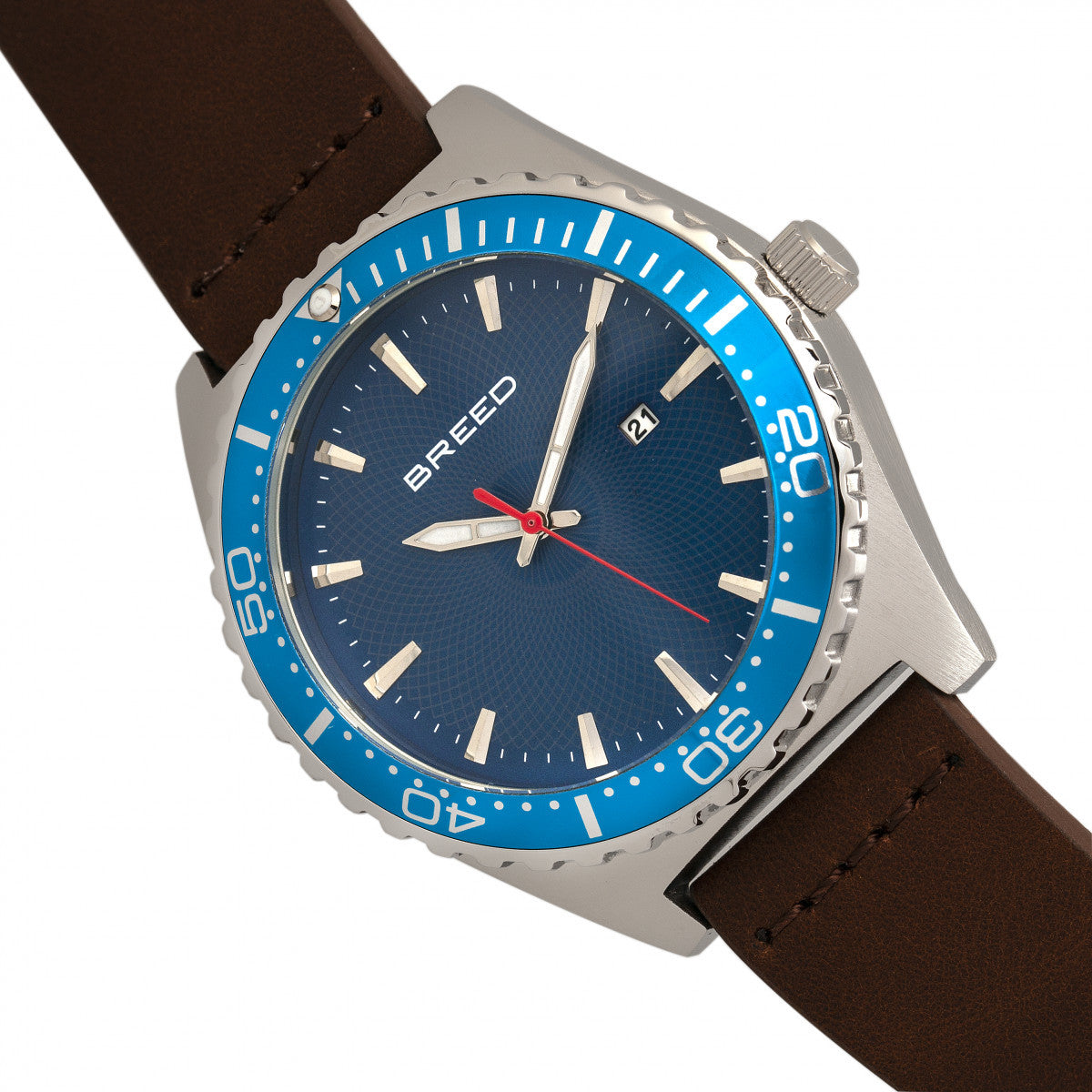 Breed Ranger Leather-Band Watch w/Date - Silver/Blue - BRD8005