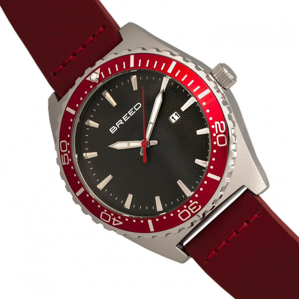 Breed Ranger Leather-Band Watch w/Date - Silver/Red - BRD8004