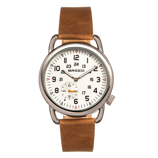 Breed Regulator Leather-Band Watch w/Second Sub-dial - Tan/White - BRD8801