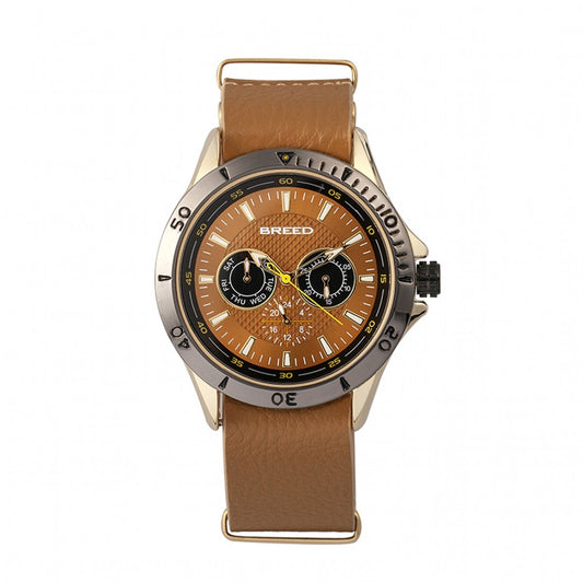 Breed Dixon Leather-Band Watch w/Day/Date - Gold/Light Brown - BRD7302