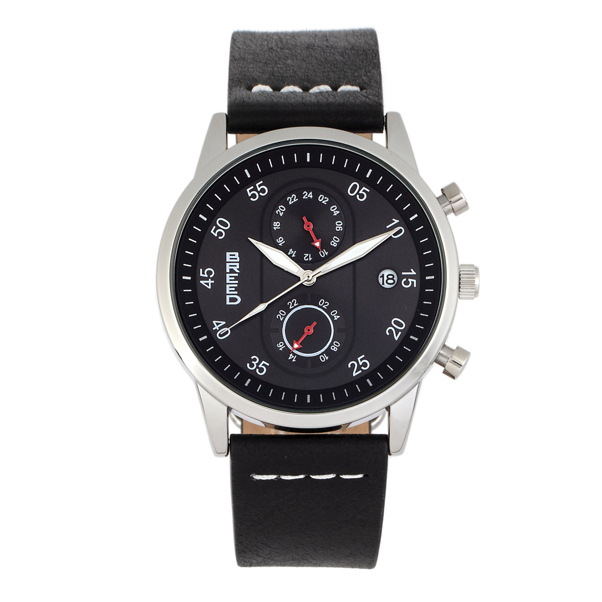 Breed Andreas Leather-Band Watch w/ Date - Silver/Black - BRD8705
