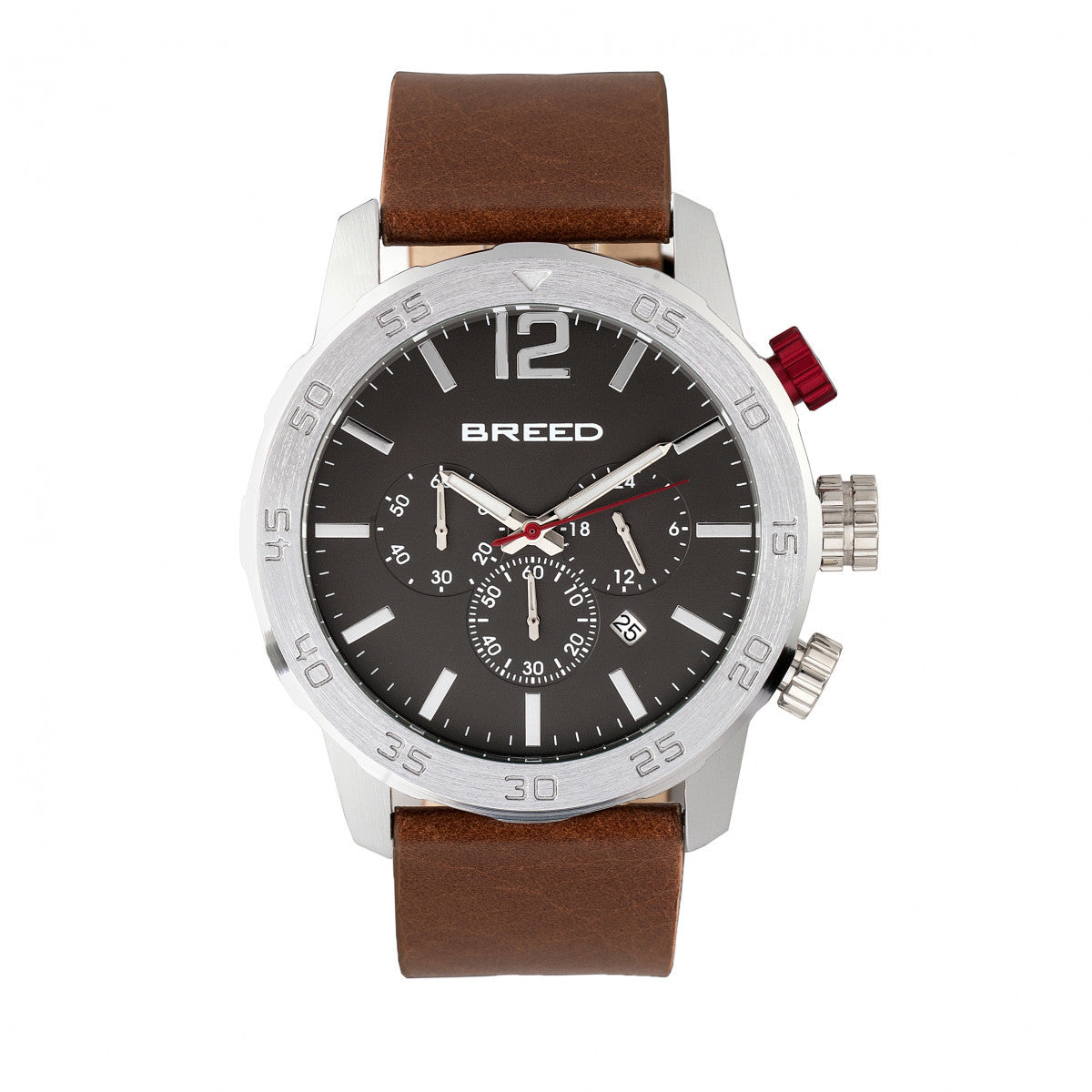 Breed Manuel Chronograph Leather-Band Watch w/Date - Silver/Brown - BRD7203