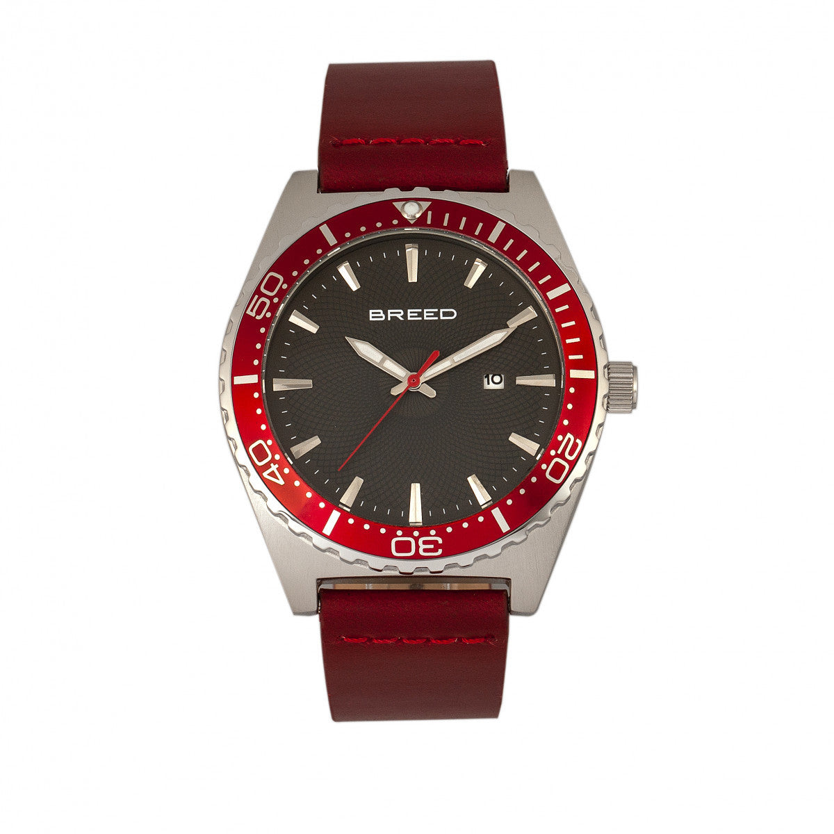 Breed Ranger Leather-Band Watch w/Date - Silver/Red - BRD8004