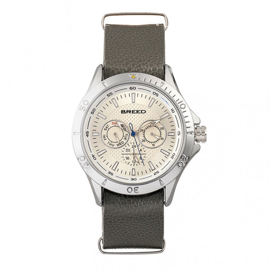 Breed Dixon Leather-Band Watch w/Day/Date - Silver/Grey - BRD7301