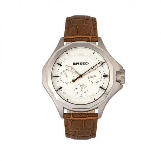 Breed Tempe Leather-Band Watch w/Day/Date - Light Brown/Silver - BRD6901