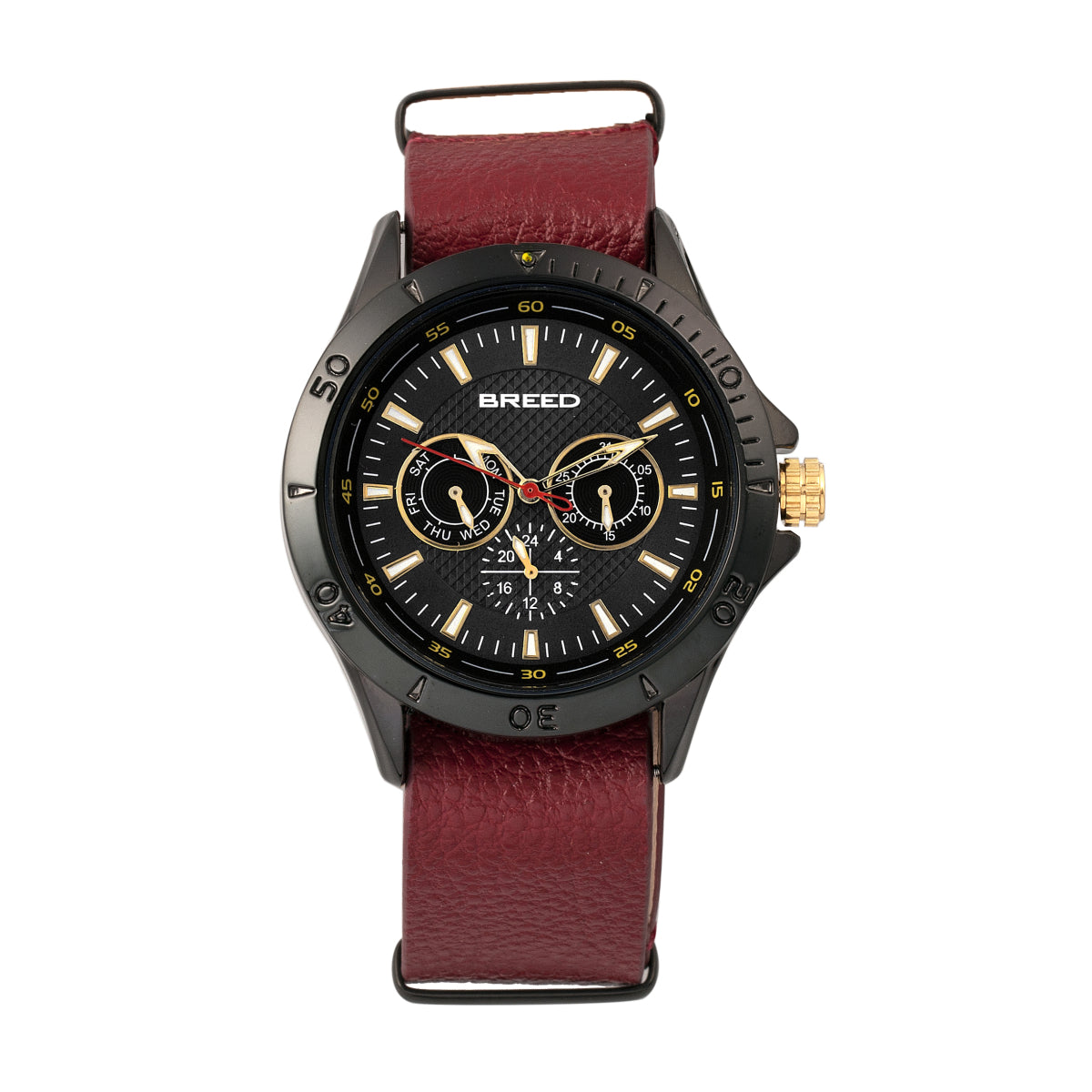 Breed Dixon Leather-Band Watch w/Day/Date - Black/Red - BRD7305