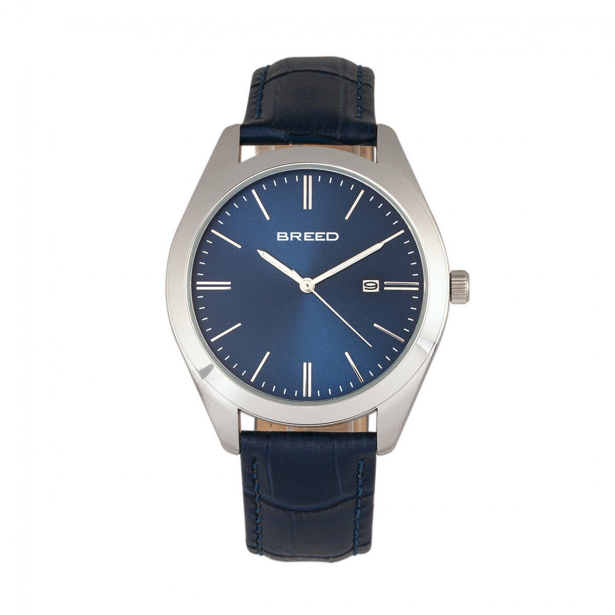 Breed Louis Leather-Band Watch w/Date - Silver/Blue - BRD7903