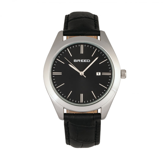 Breed Louis Leather-Band Watch w/Date - Silver/Black - BRD7902