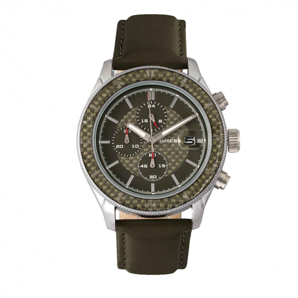 Breed Maverick Chronograph Leather-Band Watch w/Date - Silver/Olive - BRD7505