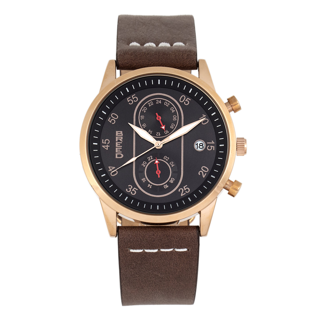 Breed Andreas Leather-Band Watch w/ Date - Rose Gold/Dark Brown - BRD8707